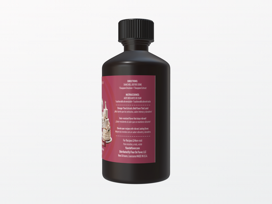 Back label of Fleur De Flavor Bride’s Cake Emulsion showing usage directions and storage instructions for gourmet baking applications.