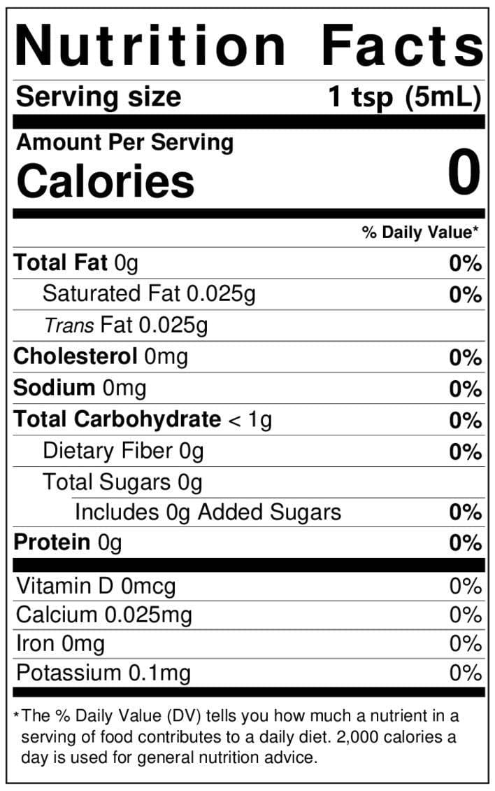 Nutrition facts label for Fleur De Flavor Bride’s Cake Emulsion showing zero calories and no added sugars, ideal for health-conscious baking.