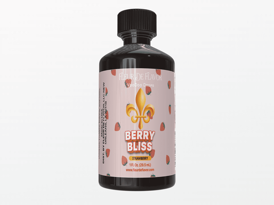 Fleur De Flavor Berry Bliss VooDoo Drops 1 oz bottle with pink label and strawberry graphics, ideal for baking, candy, and beverages.