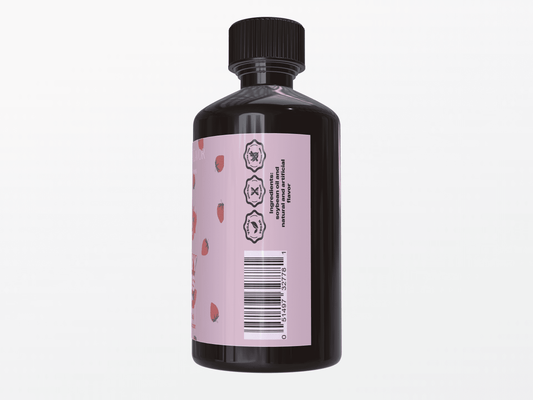 Side view of Berry Bliss VooDoo Drops showing barcode and icons for heat-stable, oil-based, and gluten-free strawberry flavoring oil.
