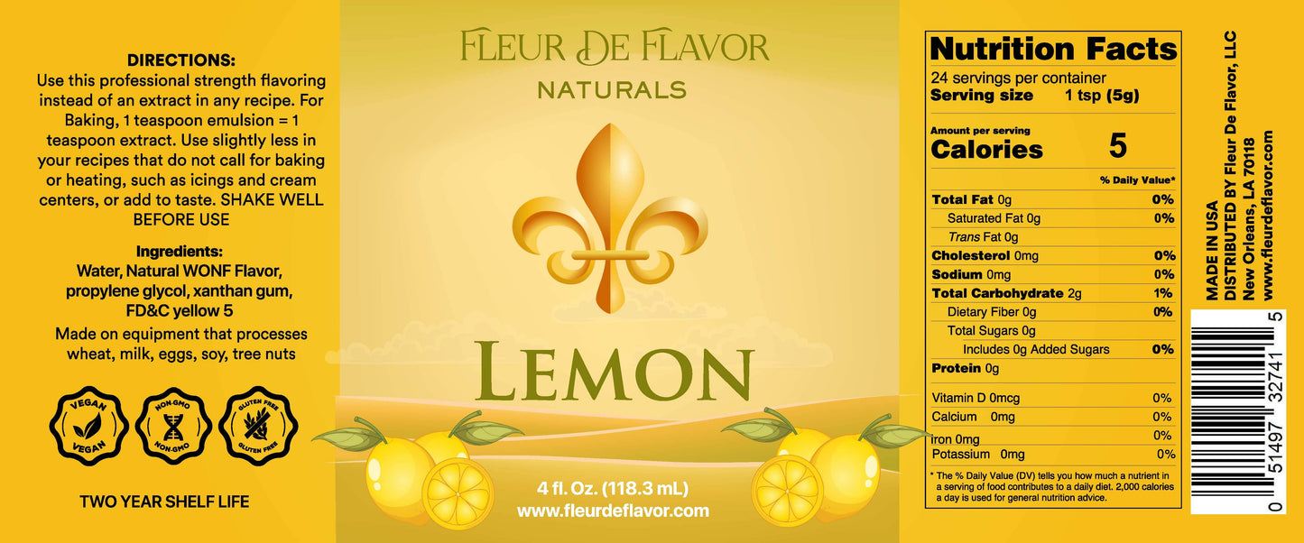 Fleur De Flavor Natural WONF Lemon Emulsion – Bright, Fresh Lemon Flavor for Baking, Frosting & Beverages (4 oz)