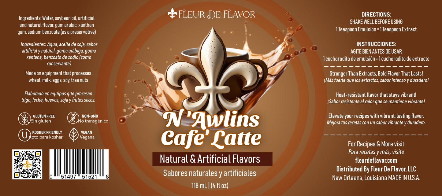 Fleur De Flavor N’Awlins Café Latte Flavor Emulsion – New Orleans Coffeehouse-Inspired Flavor for Baking, Beverages & Desserts (4 oz)