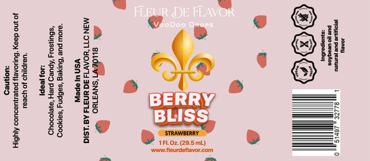 Flat label design of Fleur De Flavor Berry Bliss VooDoo Drops with strawberries, fleur-de-lis logo, and product details for baking extracts.