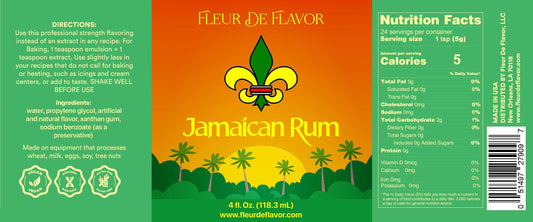 Close-up label of Fleur De Flavor Jamaican Rum Flavor showing ingredients, usage instructions, and nutritional facts for alcohol-free baking flavoring.