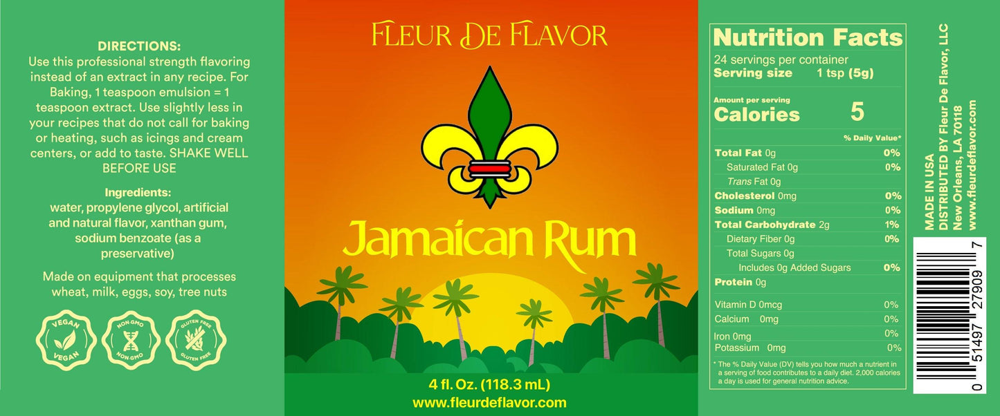 Close-up label of Fleur De Flavor Jamaican Rum Flavor showing ingredients, usage instructions, and nutritional facts for alcohol-free baking flavoring.