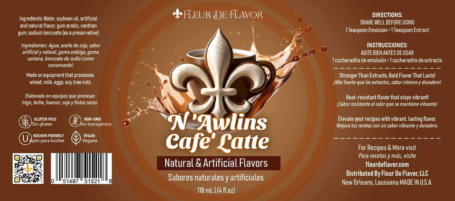 Fleur De Flavor N’Awlins Café Latte Flavor Emulsion – New Orleans Coffeehouse-Inspired Flavor for Baking, Beverages & Desserts (4 oz)